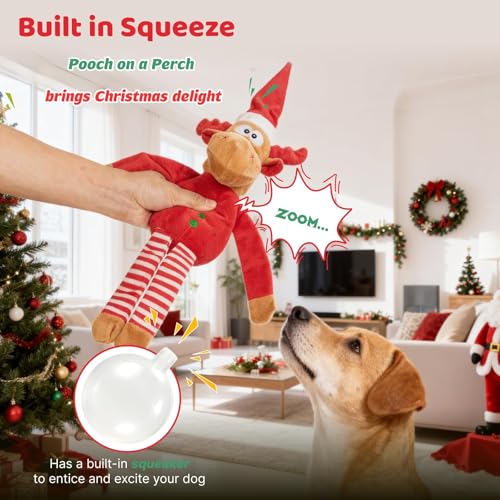 Image of Christmas Dog Toy Reindeer Plush with Squeaker & Crinkle Paper - Holiday Squeaky Chew Toy for Small and Medium Dogs - Interactive Santa Elf Pooch on a Perch Dog Gift