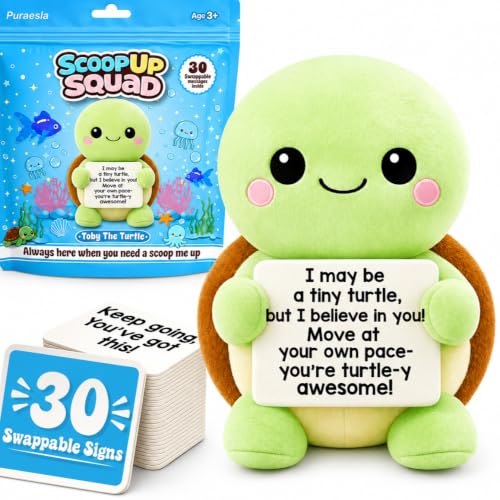 Puraesla Funny Turtle Plush Positive Squishy Plushie Affirmation Animal with 30 Supportive Messages Stress Relief Relaxing Birthday Appreaciation Emotional Boost Gift for Friends Family Coworker