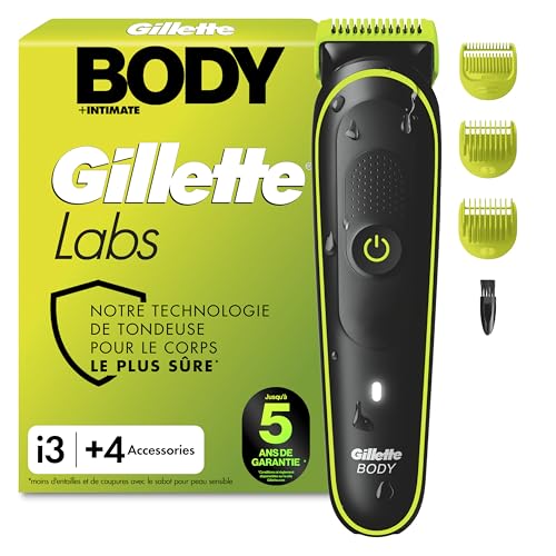 Gillette Labs Body + Intimate Tondeuse Homme i3, Tondeuse Corps et Zone Intime, Étanche, Dotée de la Technologie SkinFirst, Coffret Homme avec 2 Sabots, Batterie...