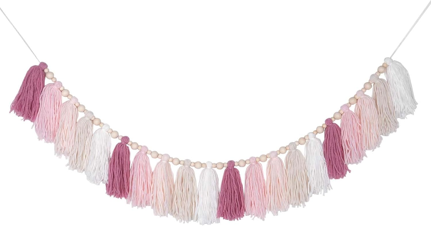 Pink Yarn Tassel Garland with Wood Beads Boho Cute Wall Hanging Tassels Pastel Banner for Nursery Kids Bedroom Dorm Room Baby Shower Birthday Classroom Office Party Wedding Decor
