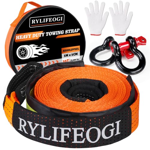 RYLIFEOGI Eslinga 10 Ton (22,000Lbs), 5mx5cm Heavy Duty Cuerda para Remolque Coche con 2 Grilletes 2 Guantes para SUV Emergencia (Naranja)