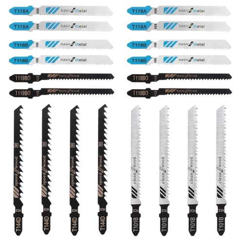 20 Pack Jig Saw Blades for Wood Jigsaw Blade Set Multi-Purpose T Shank Jigsaw Blades Replacement for Cutting Wood Plastic Metal
