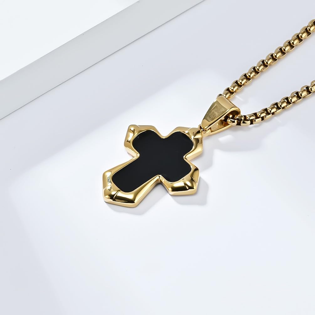 FATACI Cross Necklace for Men,Silver/Black/Gold Plated Stainless Steel Hip Hop Enamel Cross Pendant with 60cm Chain