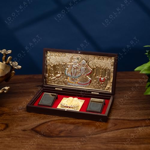 Image of Idolkart Radha Krishna Pocket Temple 24 Karat Gold Coated - Radhakrishna Photo Frames, Gift, Pooja Box Crafted from Wood | for Wealth, Prosperity & Vastu Benefits - Housewarming Gift - 4x8