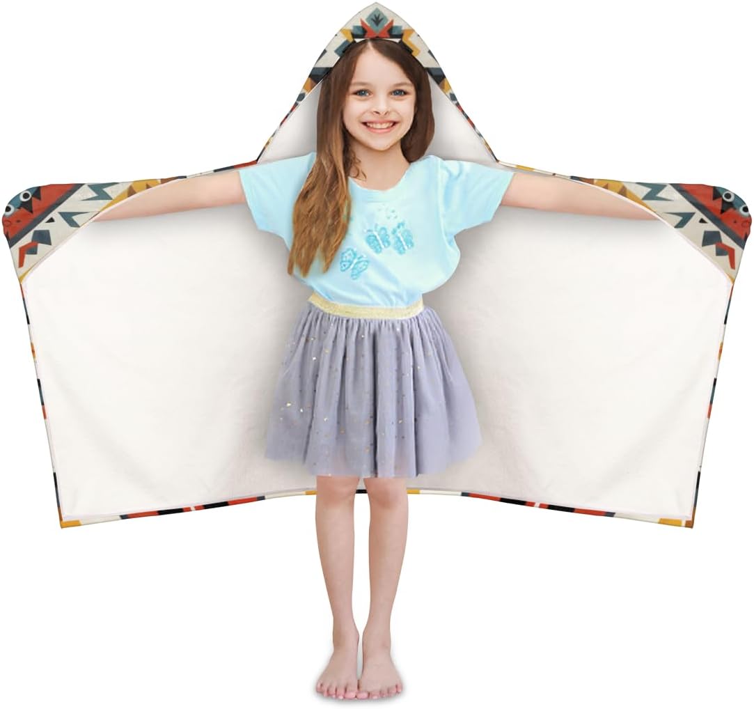 Aztec Abstract Geometric Ethnic Personalized Kids Beach Towel for Boys Girls, Custom Name Hooded Bath Towel Quick Dry Absorbent Beach Blanket Pool Swimming Towels