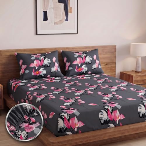 Image of Home Sizzler Microfibre 210TC Dark Grey Floral Elastic Fitted Double (72 X 78) Bedsheet with 2 Pillow Covers