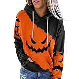 UnoSheng Disfraz de Halloween para mujer, informal, manga larga, con capucha, cordón, esqueleto de calabaza, sudadera con capucha, camiseta de equitación para mujer, manga larga, naranja, XL