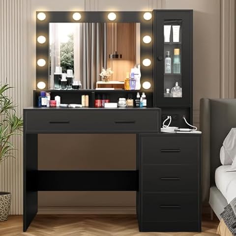 elifine Makeup Vanity Desk with Mirror and Lights, Modern Dressing Table Makeup Vanity Makeup Table with Drawer & 3 Lighting Modes for Women Girls (Black with Charging Station) Cover