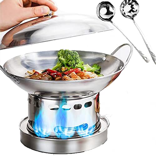 Cugzue Spirituskocher Innenraum mit Topf Campingkocher, Rostfreier Stahl Tragbare Spirituskocher 2-flammig, Kein Strombedarf Geeignet Für Indoor Und Camping, 3 Größen Zur Auswahl,25cm Cover