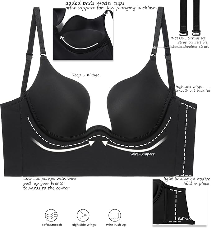 Image of Brachy Womens Low Back Wire Lifting Deep U Shaped Plunge Backless Bra with Convertible Clear Straps Every Day Bra