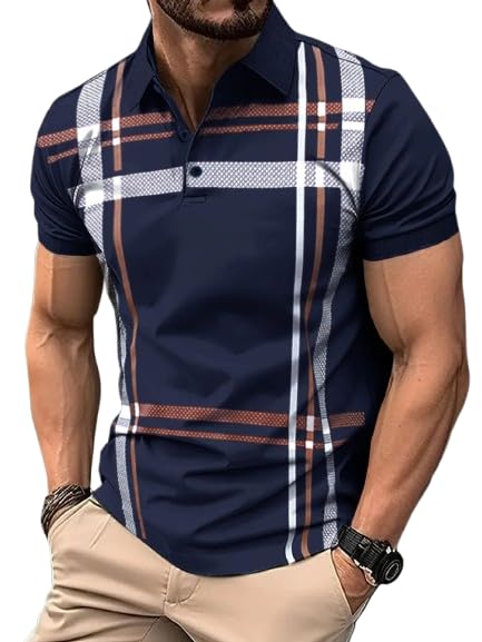 Image of Men's Trendy Stylish Check Print Half Sleeve Polo Button T Shirt | Polo Stripe Collored Neck Regular Fit Casual T Shirt for Men's