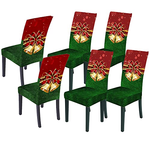 SANACYNA Set of 6 pcs Merry Christmas Red Small Bell Dining Room Chair Covers Slipcovers Spandex Fabric Seat Slipcover Washable Removable Parsons Chair Protector Kitchen Hotel Ceremony Universal Size