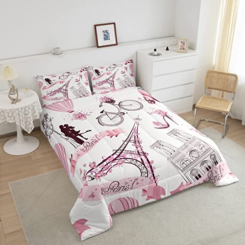 Paris Eiffel Tower Bedding Set For Girls Kids Couple Lover Romantic French Comforter Trip Design Comforter Set Pink White Room Decor Famous Cityscape Duvet Set Full Size Bedspreads Coverlet Sets #TOP2