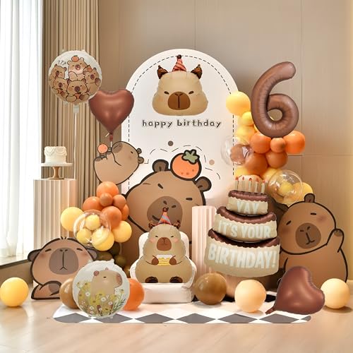 Image of Capybara Birthday Foil Balloon Set, 8-Piece Party Decor (6) | Reusable foil balloon set with capybara, cake,number . Perfect for birthday, baby shower, gender reveal & themed parties