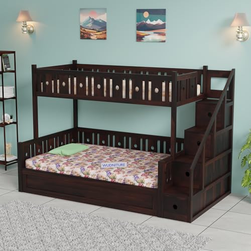 Image of Wudniture Solid Sheesham Wood Bunk Bed for Kids and Adults with Storage (Walnut with Storage)