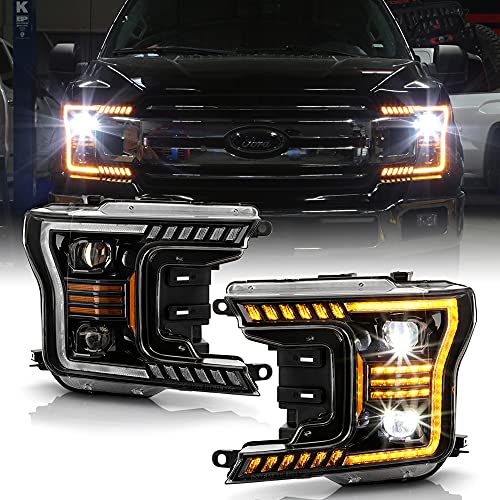ACANII - For 2018-2020 Ford F150 Black Amber LED Tube Sequential Signal LED Projector Headlights Headlights Left+Right