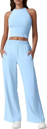 QINSEN Womens 2 Piece Sets Summer Ribbed Knit Crop Tank Tops Wide Leg Pants Sleeveless Tracksuit