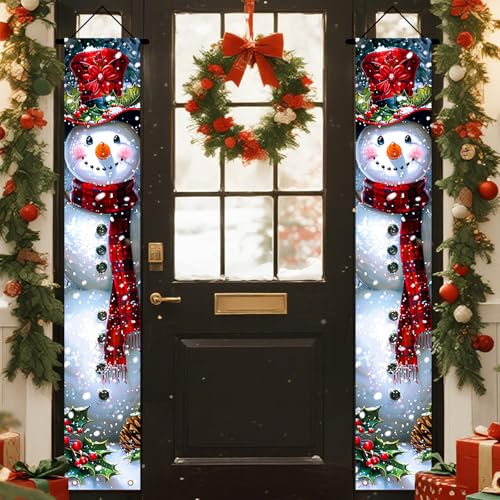 Nuxovilar Merry Christmas Doors Banner Snowman for Front Porch Sign with Pattern Decorations Outdoor Hanging Banners Home Yard Indoor Wall Door Party Decor (Snowman Type A A Pair 71x12inches)