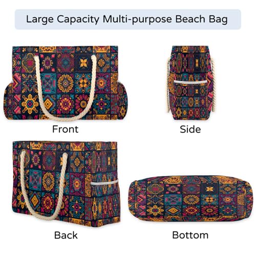 Vintage Mexican Talavera Floral Beach Bag for Women Ladies Large Beach Pool Tote Bag Sandproof Beach Tote with Zipper Gym Tote Carry On Bag Reusable Grocery Shopping Bag for Weekender Travel Daily4