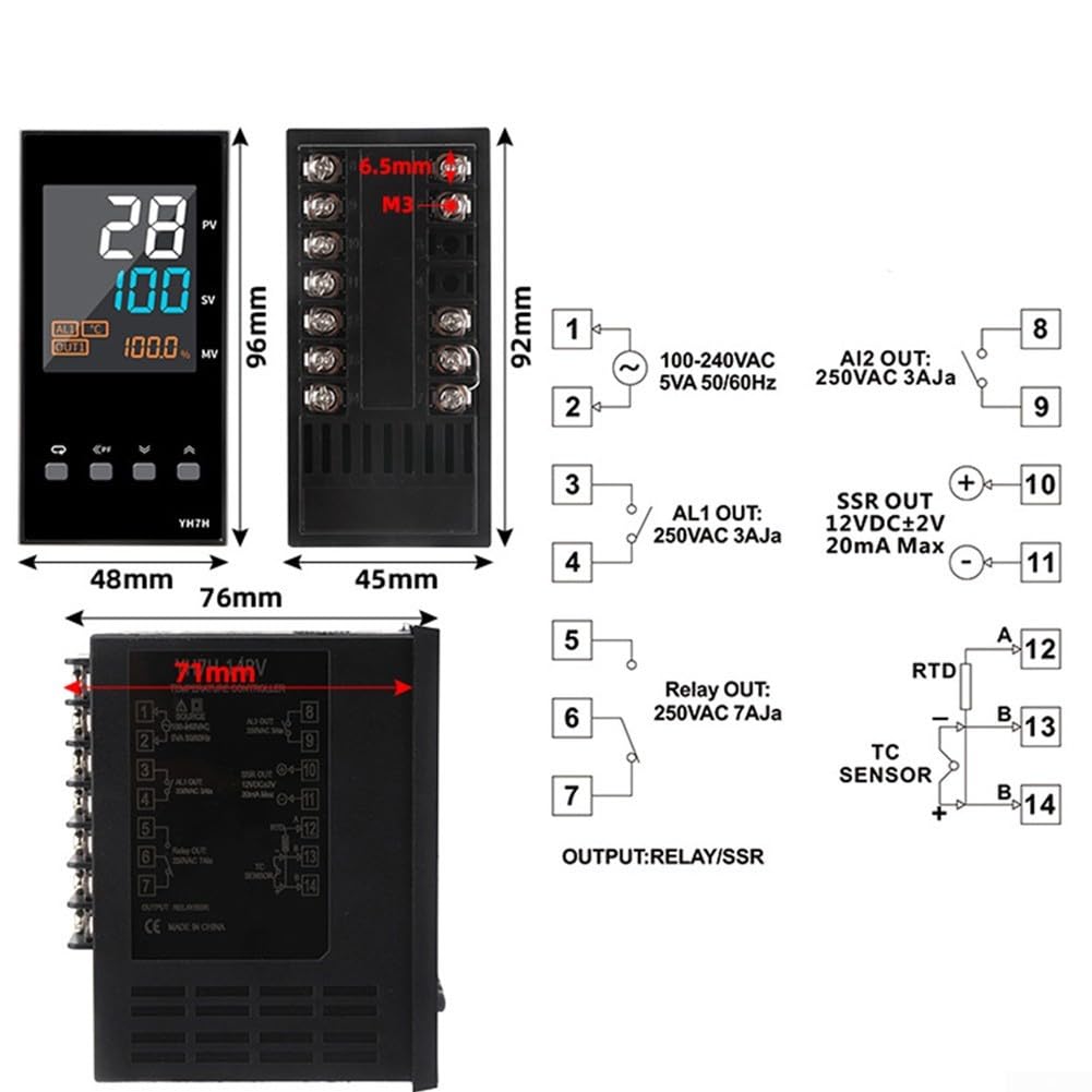 Zoegneer Kit regolatore di temperatura PID con termocoppia tipo K e relè doppio display uscita allarme per riscaldamento sistemi di raffreddamento Celsius Fahrenheit 96 x 48 mm (A)