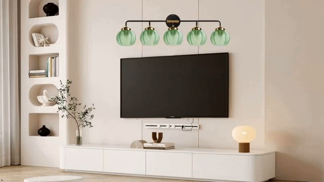 Image of 5-Light Emerald Green Vanity Lights Unique Leaf Texture Glass Shade