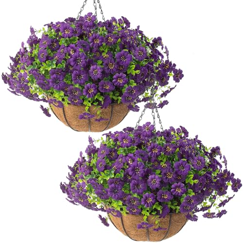 Hananona 2 Set Artificial Outdoor Flowers with Hanging Basket, 2 Hanging Planters with 24 Pcs...