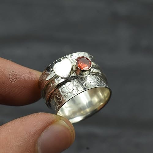 Miniatura 3 de Natural Garnet Spinner Ring, Handmade Garnet Ring, Bohemian Ring Women, Meditation Silver Ring, 925 Silver Ring, Fidget Garnet Ring, Heart Spinner