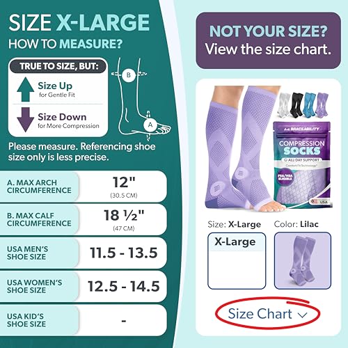 Image of BraceAbility Compression Socks for Circulation - 20-30 mmHg Knee High Neuropathy Open Toe Stockings for Varicose Veins, Swelling, RLS, Medical Toeless Support for Men or Women - 1 Pair (XL - Lilac)