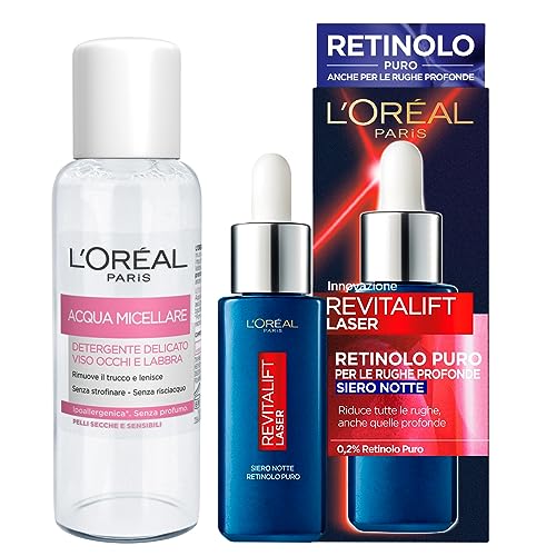 L'Oréal Paris Revitalift Laser - Sérum facial de noche antiedad con retinol puro y ácido hialurónico para arrugas profundas, 30 ml + agua micelar, limpiador suave para rostro y ojos y labios, formato
