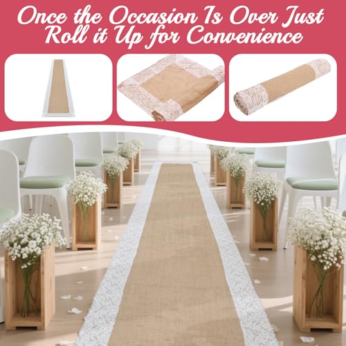 Hlimior 36\" x 30ft Natural Burlap Wedding Runner Aisle for Wedding Ceremony Aisle Runner with Lace Jute Rustic Decorations Outdoor Beach Garden Church(1, 3X30FT) - Thumbnail 4