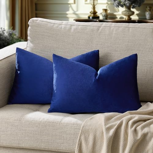 Image of GIGIZAZA Blue Velvet Decorative Throw Pillow Covers for Sofa Bed 2 Pack Soft Cushion Cover (Royal Blue, 12 x 20- Set of 2)