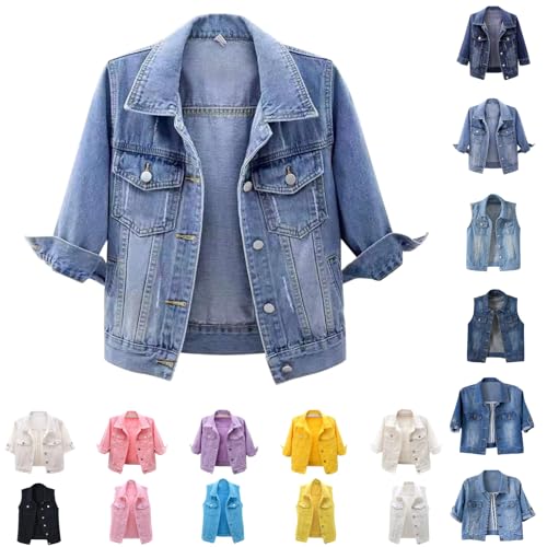 Womens 3/4 Sleeve Short Denim Jacket Lapel Button Down Cropped Trucker Jean Jackets Coats,Button Down Cropped Denim Jean Jackets Motorcycle Short Jacket
