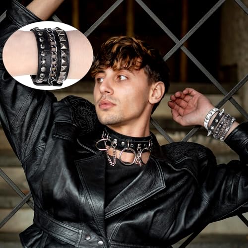 Punk Studded Bracelet 4 Pcs Black Leather Spiked Bracelet Cuff Punk Rock Rivet Cuff Emo Bracelets Wrap Bangle Snap Button Metal Wristband Emo Accessories for Men Women (Gothic Style)4