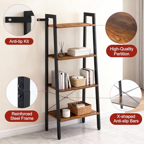 Image of DUMOS Ladder Shelf, 4-Tier Display Bookshelf, Industrial Style Storage Standing Shelf, Decorative Shelves with Stable Frame for Living Room, Bedroom, Office, Kitchen, Bathroom, Brown