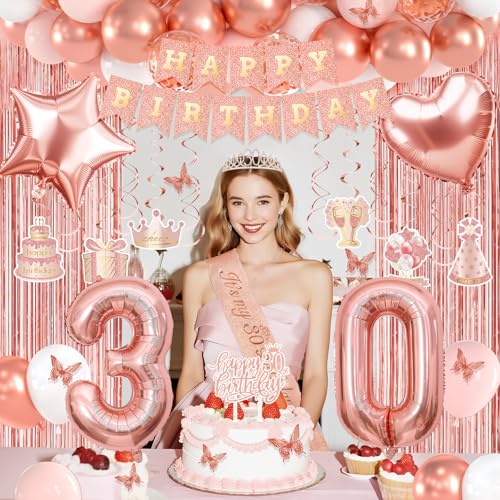 Rose Gold 30th Birthday Decorations, Happy 30th Birthday Decorations for Women Girls, Birthday Party Packs with Rose Gold Banner, Number 30 Balloons, Sash, Crown, Tablecloth, Dinnerware for 10 Guests by Miidenks - Used condition - Image 4