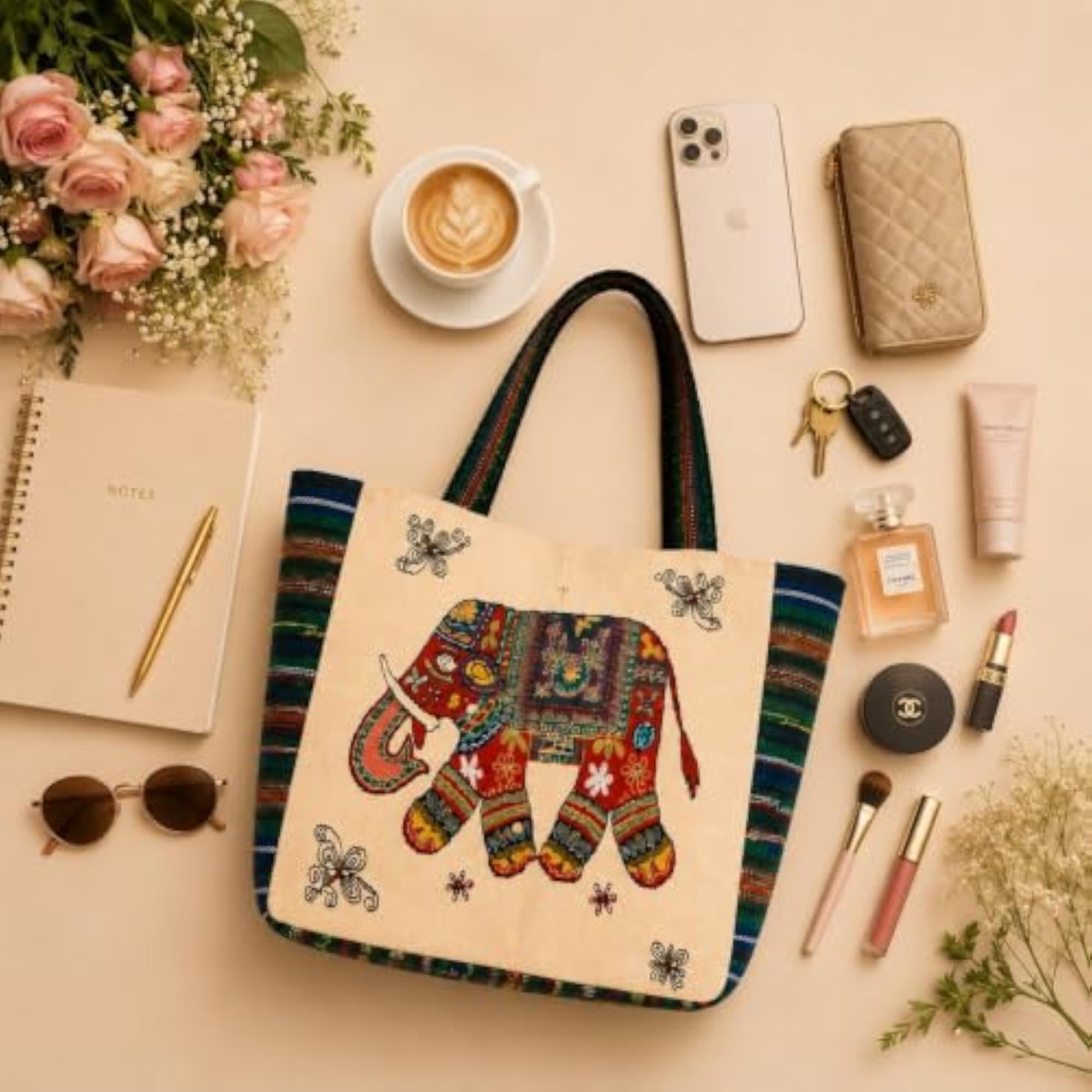 Boho Elephant Embroidered Canvas Tote Bag