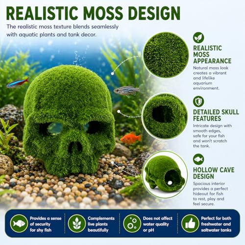 Image of VAYINATO Moss Skull Aquarium Decoration - Resin Hollow Hideout Cave for Betta, Shrimp & Small Fish | Natural Moss Look Tank Ornament | Safe & Durable Aquascaping Decor