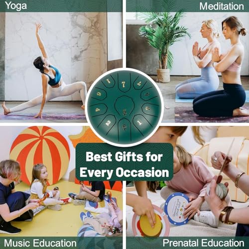 Miniatura 6 de Lomuty Steel Tongue Drum C Mayor, 6 Pulgadas 15 Cm 11 Notas Handpan Con Baquetas, Funda Protectora Y Partituras Musicales, Tambor Percusion La Meditación Y El Yoga, Verde
