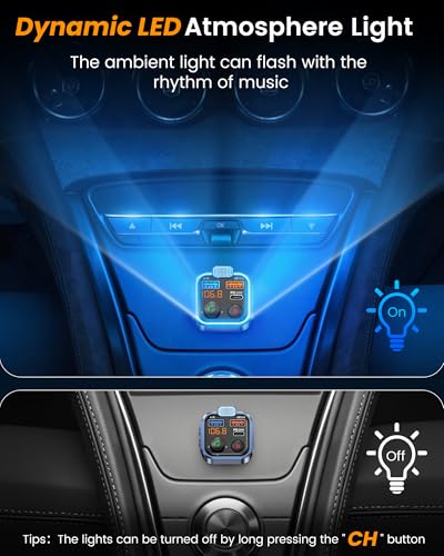 LENCENT FM Transmitter in-Car Adapter, Type-C PD 20W+ QC3.0 Fast USB Charger, Wireless Bluetooth 5.3 Radio Car Kit, Hands-Free Calling, MP3 Player Receiver Hi Fi Bass, Support U Disk