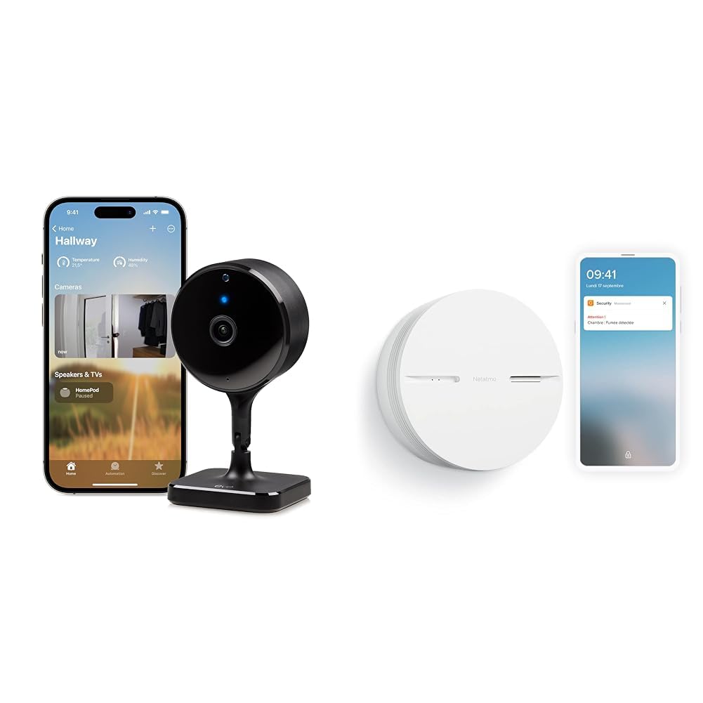 Caméra intérieure intelligente Wi-Fi 1080p et détecteur de fumée connecté avec batterie 10 ans