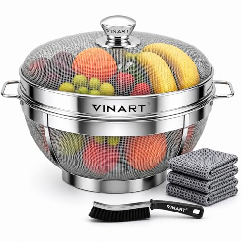 Image of VINART Stainless Steel Fruit Basket with Lid | Fruit & Vegetable Storage Basket for Kitchen & Dining Table (12 Inch)