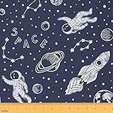 Tela del espacio exterior de The Yard con dibujos animados astronauta Universo Planetas Temática Tela de tapicería para sillas y hogar, proyectos de bricolaje, patrón de cielo estrellado, tela decora