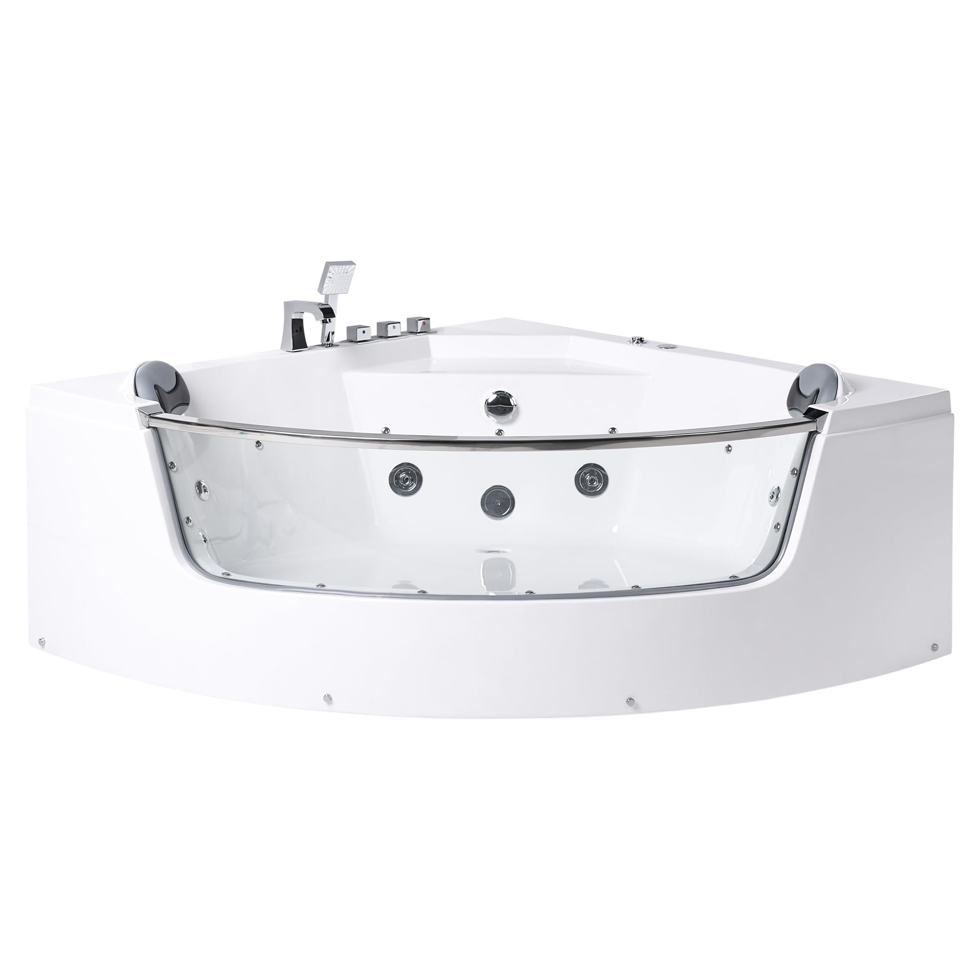 Wanna narożna z hydromasażem oświetlenie LED SPA akrylowa stalowa armatura 210 x 148 cm zagłówki biała Tamula