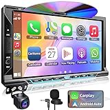 Double Din car Stereo with CD/DVD Player- CarPlay & Android Auto, Car Audio with Bluetooth, 7 Inch HD Touchscreen, Rear Camera, USB/TF/AUX, AM/FM, Subwoofer Radio Receiver