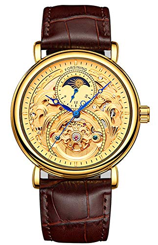 Carlien Mens Automatic Watches Gold Tourbillon Skeleton Watch Moon Phase Waterproof Stainless Steel Watch (Leather Brown)