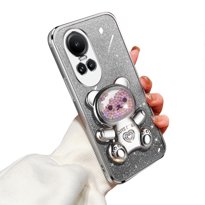 Cases Compatible with Oppo Reno10 5G/Reno 10 Pro Cover,Soft Silicone Electroplated Case,Designed Cute Bear Folding Stand Holder for Women,Camera Lens