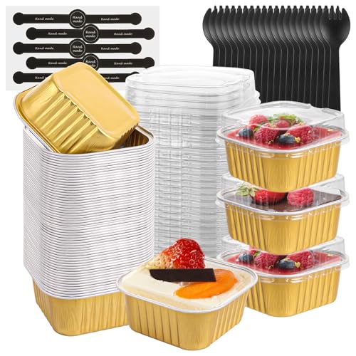 SHUESS 300 PCS/100 Sets Mini Loaf Cake Cases - Mini Loaf Tins with Lids and Spoons - 175ML Reusable Aluminum Mini Cake Tins - Square Baking Tin with Stickers for Cake Bread Baking (Gold)