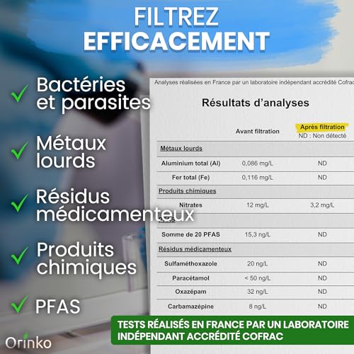 ORINKO® Cartouches Filtrantes pour Filtre à Eau Gravité x2 – Compatibles avec Filtres Berkey et Berkefeld – Certifiées NSF – Filtration Naturelle Charbon Actif Haute Performance – Eau Robinet & Pluie – vue 3