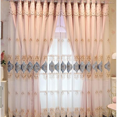 Amidoudou Luxury European Double Layer Lace Embroidered Blackout Curtains 66x90 Inch, Thermal Insulated Drapes for Living Room & Bedroom, Pink (1 Pair)