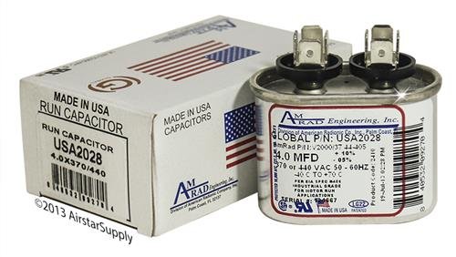 4 uf / Mfd Oval Universal Capacitor Replacement Amrad USA2028 Replacement - used for 370 or 440 VAC , Made in the U.S.A.